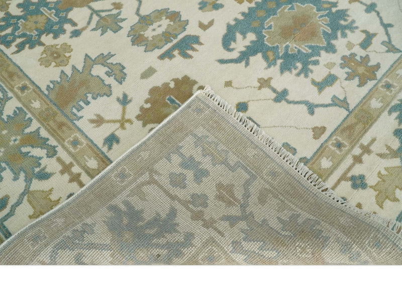 8x10 Ivory, Beige and Teal Hand Knotted Traditional Oushak Wool Area Rug | TRDCP1165810