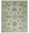 8x10 Ivory, Beige and Teal Hand Knotted Traditional Oushak Wool Area Rug | TRDCP1165810