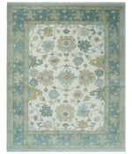 8x10 Ivory, Blue and Beige Floral Oushak Hand Knotted Wool Area Rug | TRDCP1538810S