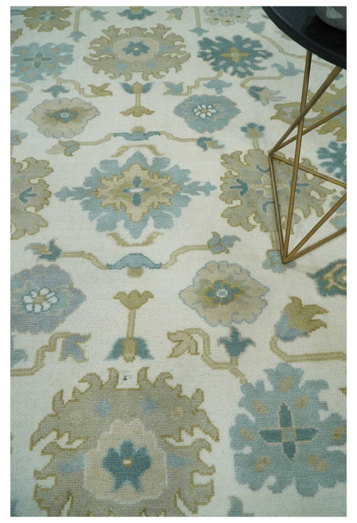 8x10 Ivory, Blue and Beige Floral Oushak Hand Knotted Wool Area Rug | TRDCP1538810S