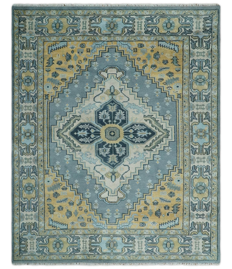 8x10 Ivory, Blue and Beige Heriz Serapi Traditional  Persian Antique Hand Knotted Wool Area Rug | TRDCP1117810