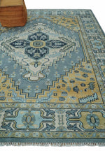 8x10 Ivory, Blue and Beige Heriz Serapi Traditional  Persian Antique Hand Knotted Wool Area Rug | TRDCP1117810