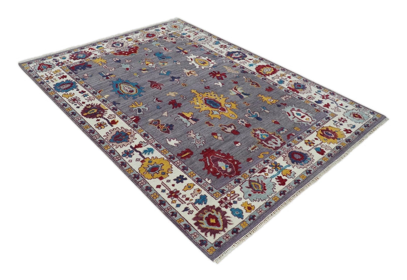 8x10 Modern Oushak Hand Knotted Persian Purple and Ivory Colorful Wool Area Rug | TRDCP841810