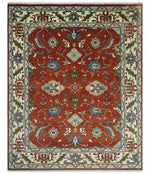 8x10 Brown, Ivory and Teal Hand Knotted Traditional Antique Turkish Wool Rug | TRDCP387810