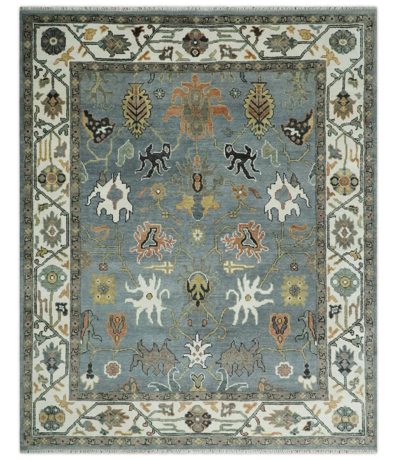 8x10 Wool Traditional Ivory and Gray Vibrant Colorful Hand knotted Oushak Area Rug | TRDCP1304810