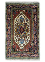 8x8, 8x10, 9x12,10x14 and 12x15 Hand Knotted Ivory and Blue Traditional Heriz Serapi Antique Wool Rug | TRDCP76