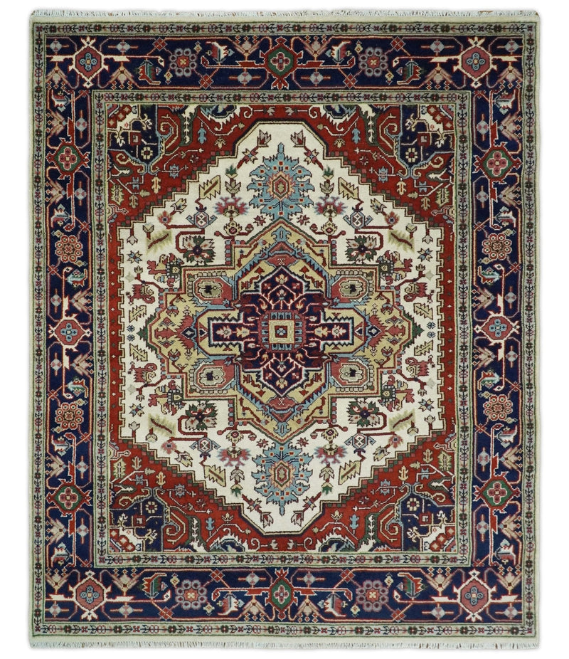 8x8, 8x10, 9x12,10x14 and 12x15 Hand Knotted Ivory and Blue Traditional Heriz Serapi Antique Wool Rug | TRDCP76