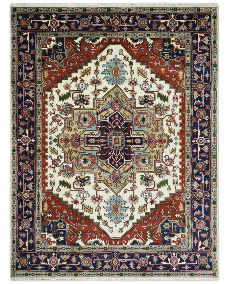 8x8, 8x10, 9x12,10x14 and 12x15 Hand Knotted Ivory and Blue Traditional Heriz Serapi Antique Wool Rug | TRDCP76