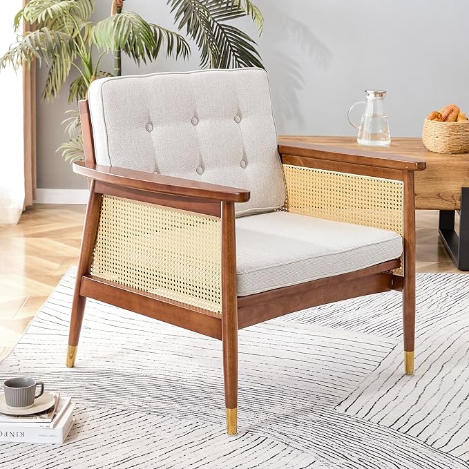 Mid-Century Modern Rattan Accent Chair with Wooden Armrests and Legs – Lounge Armchair for Living Room