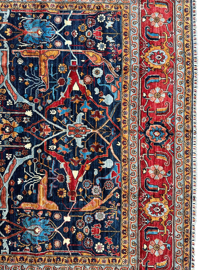 Hand-Knotted Afghani Bidjar Wool Rug – 9’x12’ – Intricate Geometric & Floral Motifs