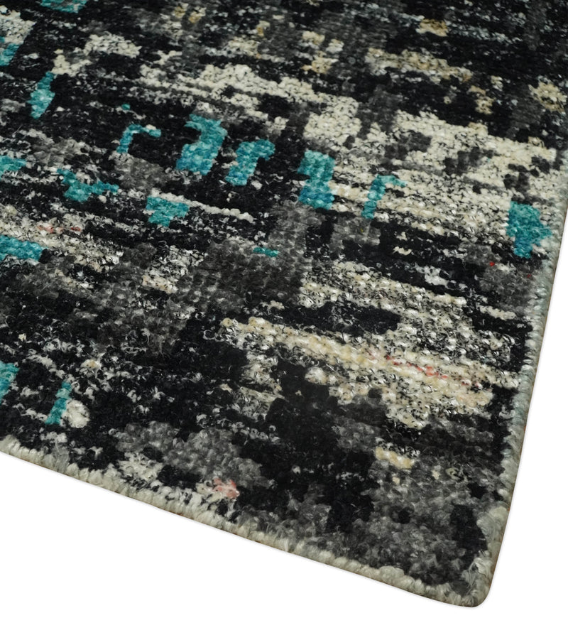 5x8 Hand Knotted Charcoal, Ivory and Blue Modern Abstract Contemporary Recycled Silk Area Rug | OP68