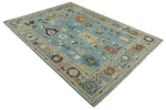 9x12 Hand Knotted Blue and Beige Traditional Vintage Persian Oushak Antique Wool Rug | TRDCP607912