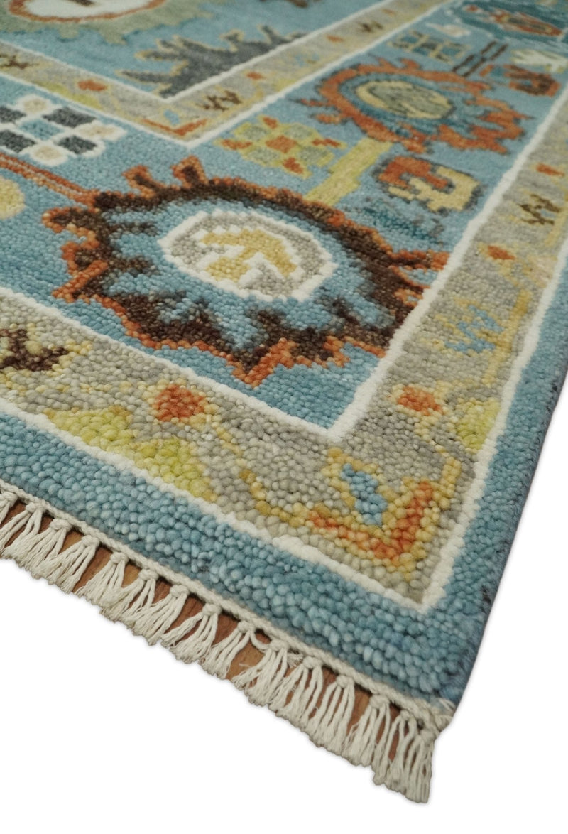 9x12 Hand Knotted Blue and Beige Traditional Vintage Persian Oushak Antique Wool Rug | TRDCP607912