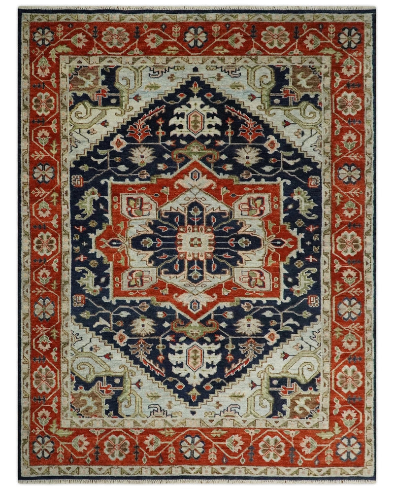 9x12 Hand Knotted Blue and Rust Traditional Heriz Serapi Antique Wool Rug | TRDCP680912