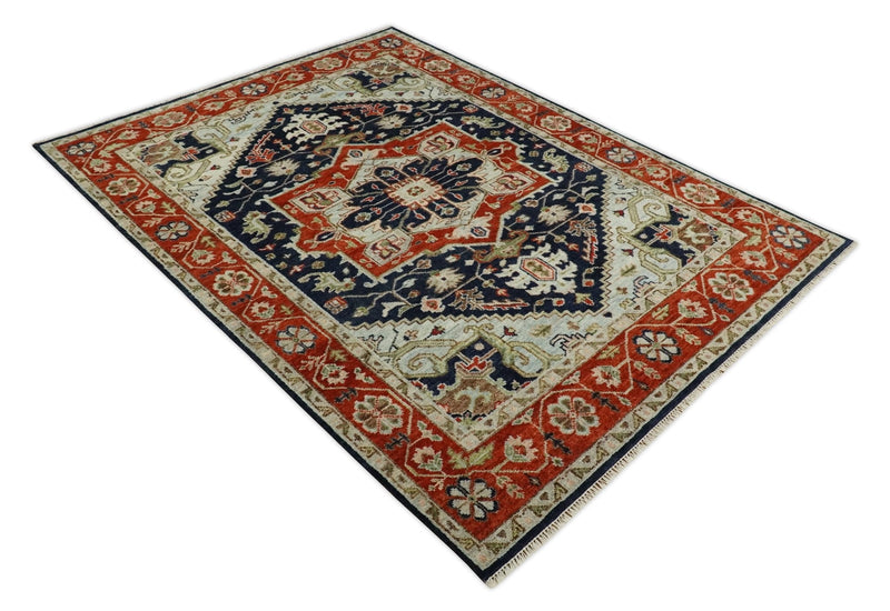 9x12 Hand Knotted Blue and Rust Traditional Heriz Serapi Antique Wool Rug | TRDCP680912