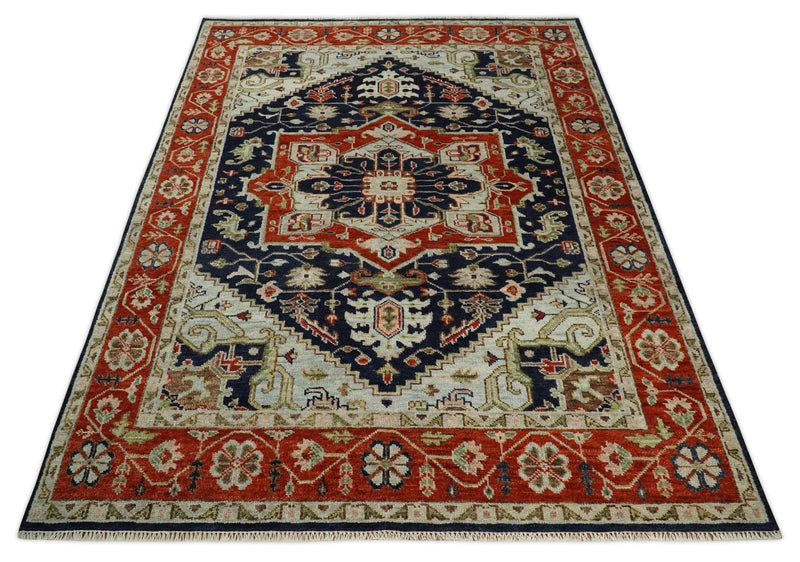 9x12 Hand Knotted Blue and Rust Traditional Heriz Serapi Antique Wool Rug | TRDCP680912