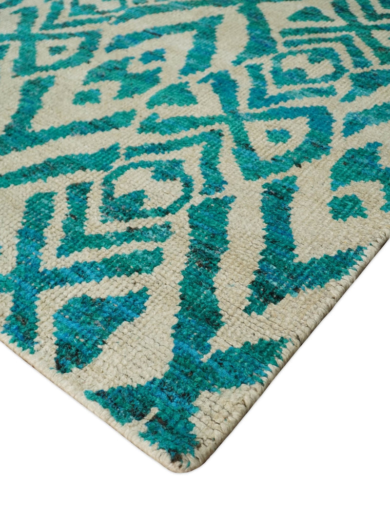 4x6 and 9x12 Hand Knotted Ivory and Blue Modern Contemporary Southwestern Tribal Trellis Recycled Silk Area Rug | OP21