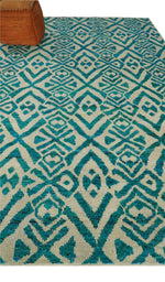 4x6 and 9x12 Hand Knotted Ivory and Blue Modern Contemporary Southwestern Tribal Trellis Recycled Silk Area Rug | OP21