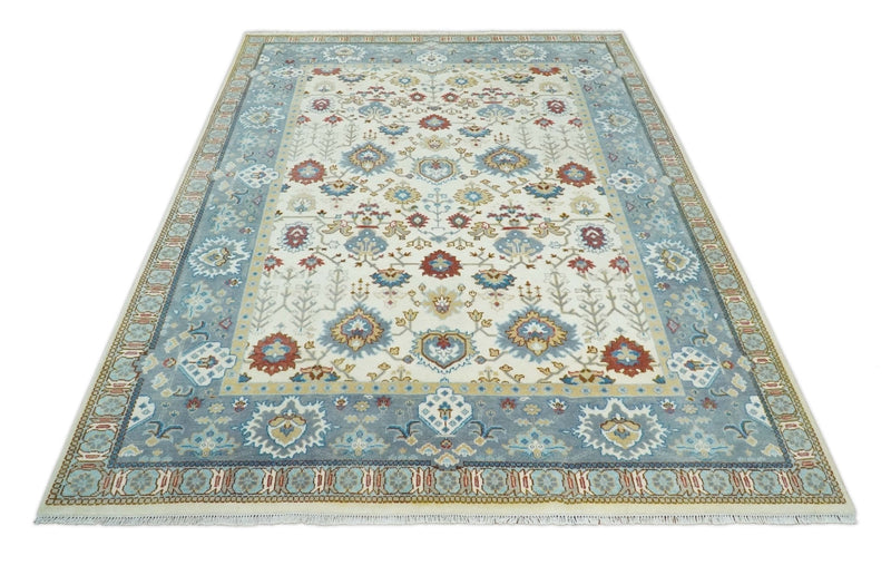 9x12 Hand Knotted Ivory, Blue and Olive Persian Oushak Wool Area Rug | TRDCP904912