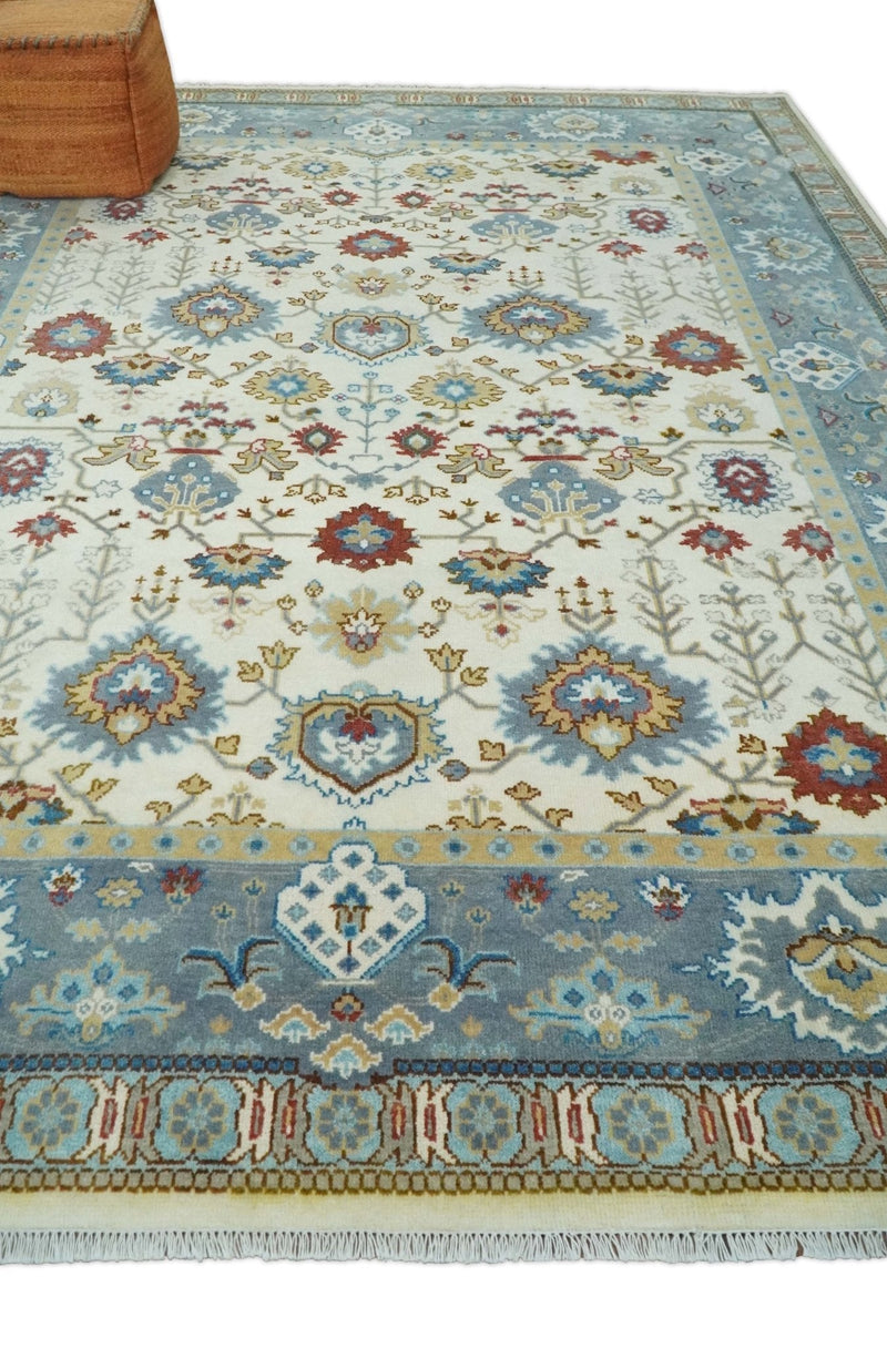 9x12 Hand Knotted Ivory, Blue and Olive Persian Oushak Wool Area Rug | TRDCP904912