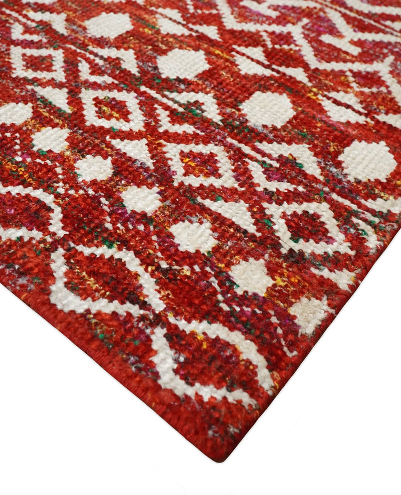 4x6 and 9x12 Hand Knotted Rust and White Modern Contemporary Southwestern Tribal Trellis Recycled Silk Area Rug | OP7