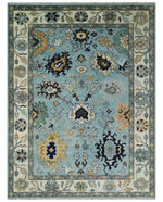 9x12 Modern Oushak Hand Knotted Persian Blue and Ivory Colorful Wool Area Rug | TRDCP852912