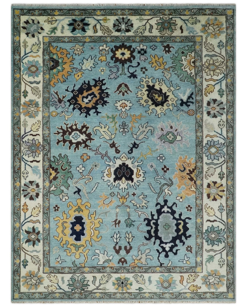 9x12 Modern Oushak Hand Knotted Persian Blue and Ivory Colorful Wool Area Rug | TRDCP852912