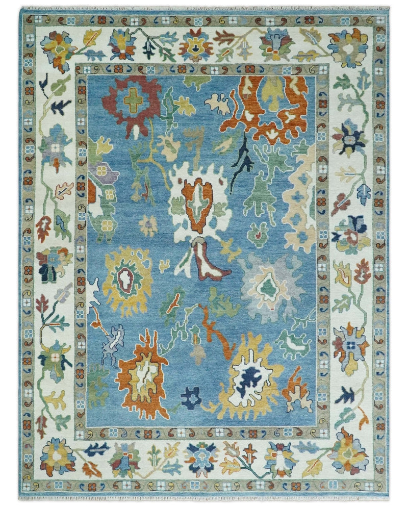 9x12 Wool Traditional Persian Ivory and Blue Vibrant Colorful Hand knotted Oushak Area Rug | TRDCP886912