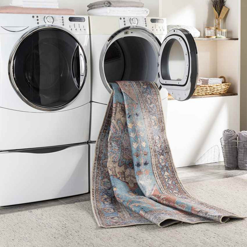 Laren Traditional Aqua Washable Area Rug