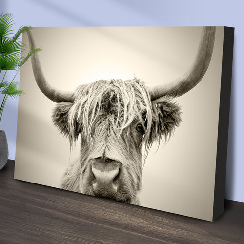 Highland Cow Sepia Head Portrait Canvas Wall Art