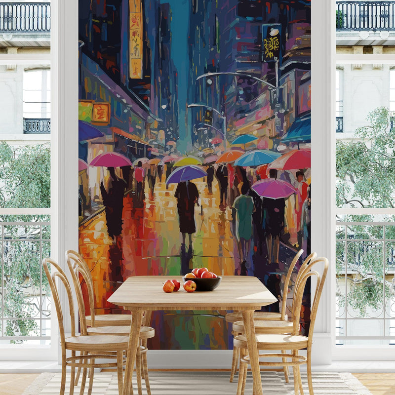 Raining Cityscape Wallpaper Mural - Abstract Color Mural. #6762