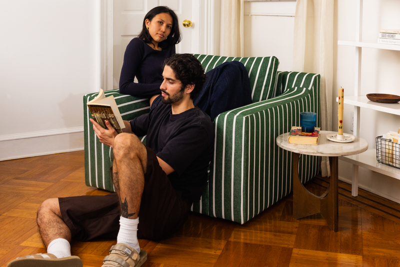 The Evergreen Ottoman in a Striped Hemp Blend