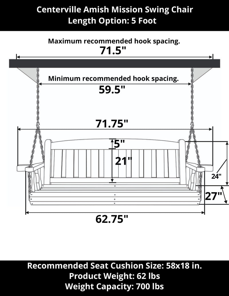 Amish Casual 5 Foot Dark Walnut Stain Mission Porch Swing with Clearcoat