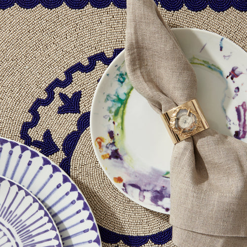 Pewter trim linen dinner napkins, flax, set of two