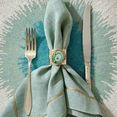 Gold trim dinner napkins, seafoam, set of two