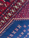 Vintage Hand-Knotted Yagcibedir Turkish Wool Prayer Rug – 3’10” x 5’9” – Deep Blue & Red Tribal Design