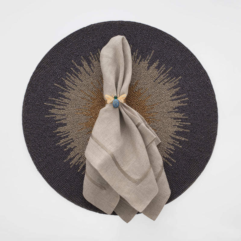 Pewter trim linen dinner napkins, flax, set of two