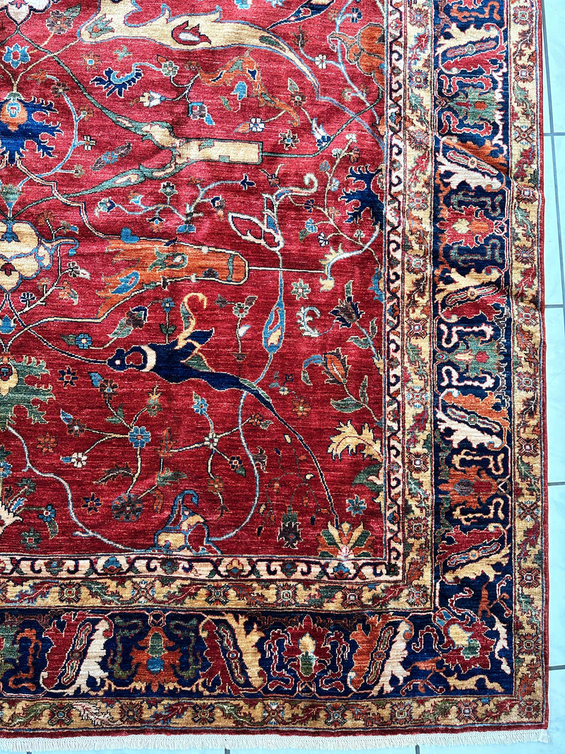 Hand-Knotted Afghani Bidjar Wool Rug – 9’x12’6” – Intricate Geometric & Floral Motifs