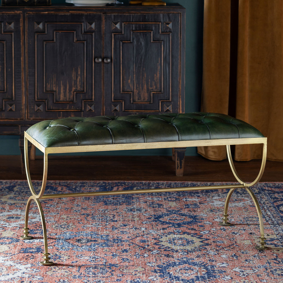 Lovecup Kirkland House Green Leather Bench L055 LOVECUP
