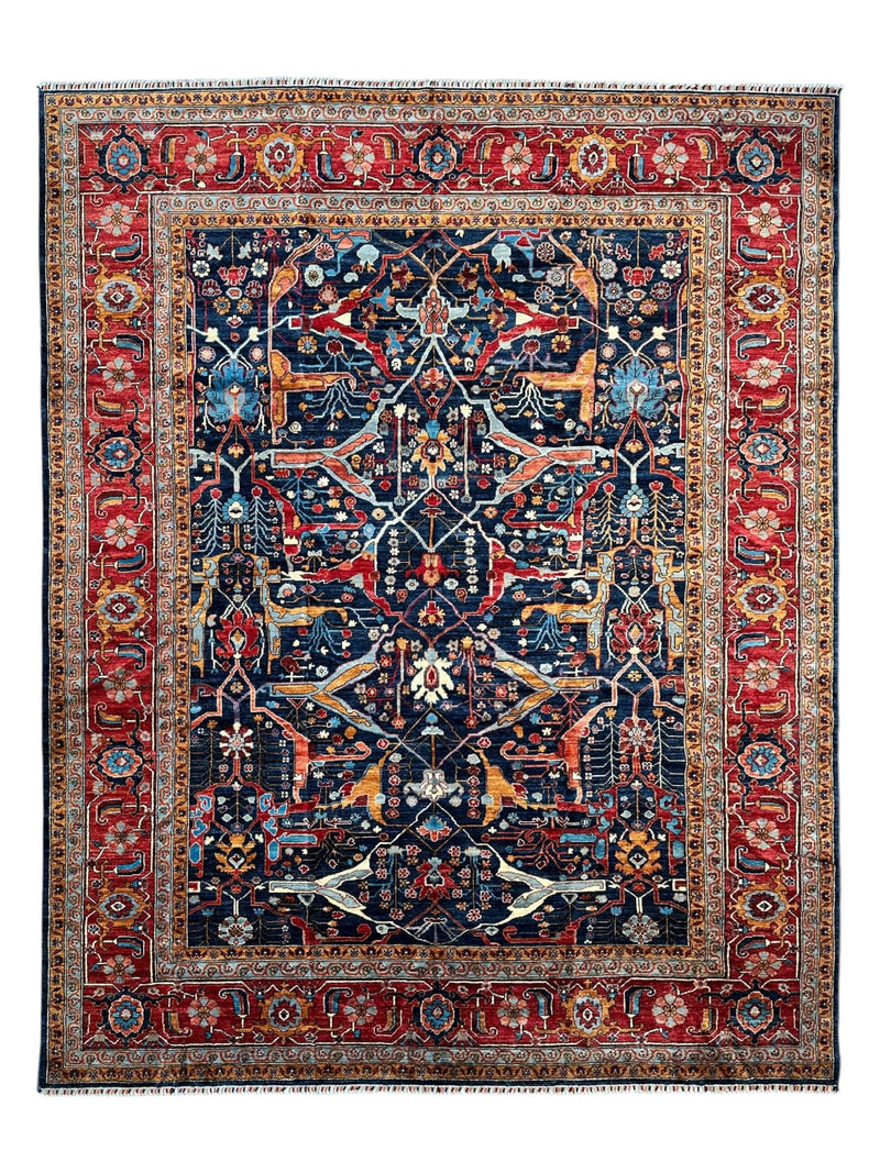 Hand-Knotted Afghani Bidjar Wool Rug – 9’x12’ – Intricate Geometric & Floral Motifs