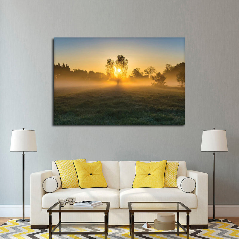 Misty Meadow At Sunrise Wall Art