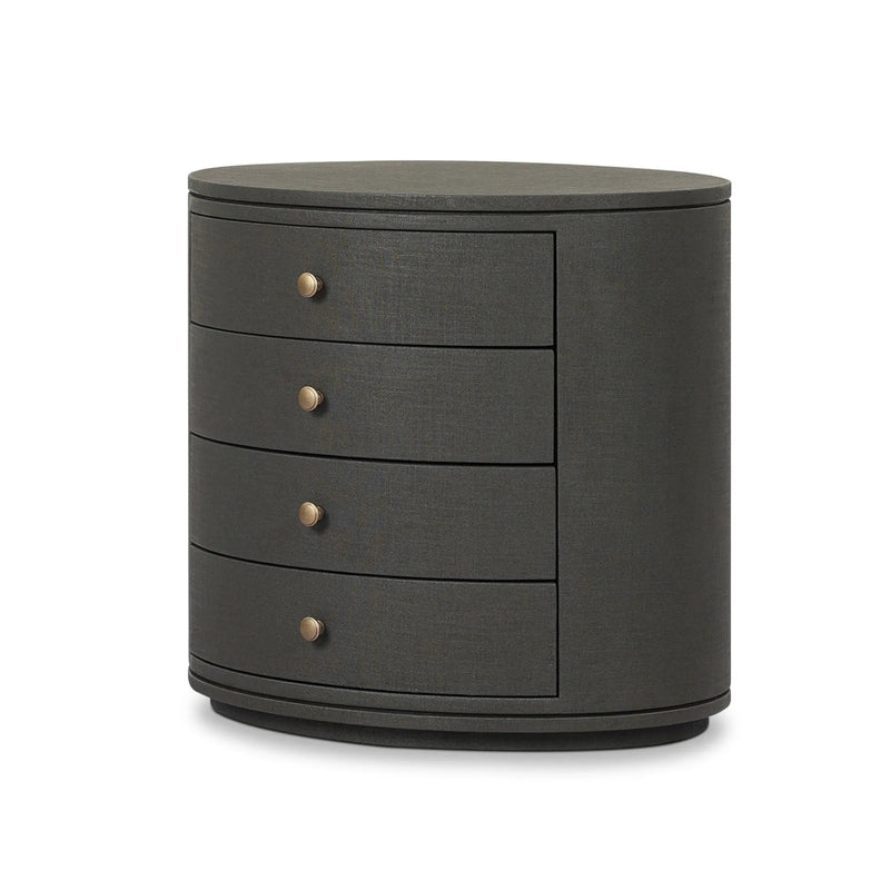 Amelia Dark Green Lacquered Linen Oval Nightstand | shipping 06/03/2025