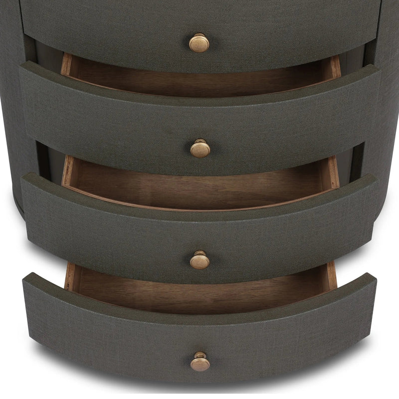 Amelia Dark Green Lacquered Linen Oval Nightstand | shipping 06/03/2025
