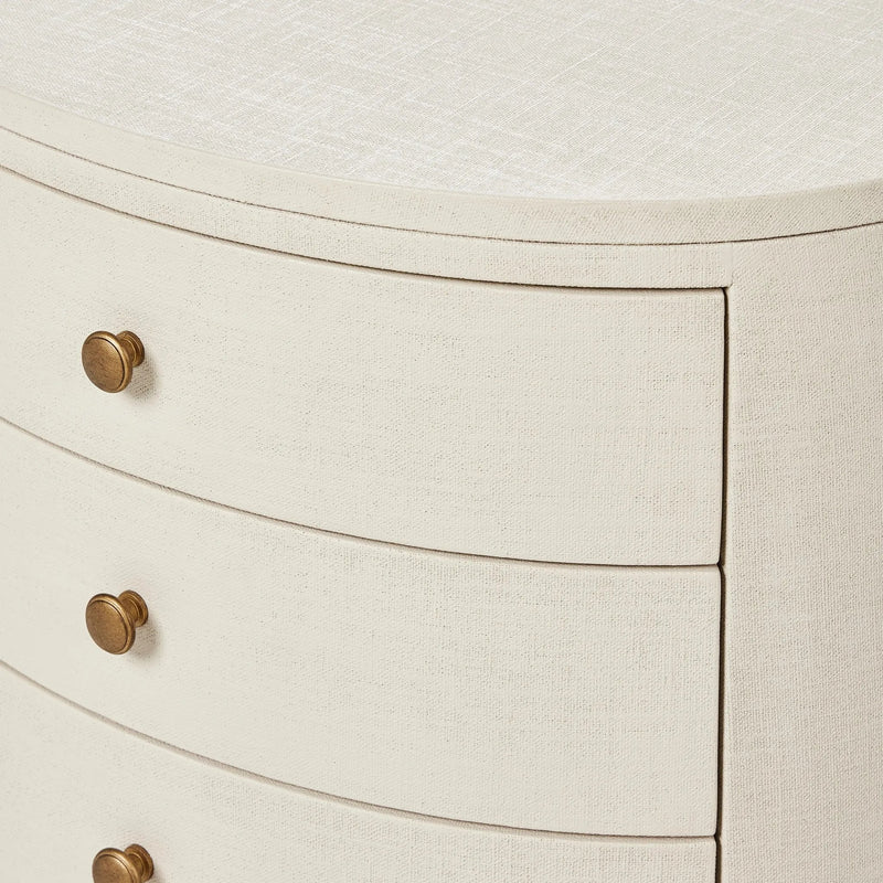 Amelia Ivory Painted Linen Oval Nightstand | shipping 7/18/2025