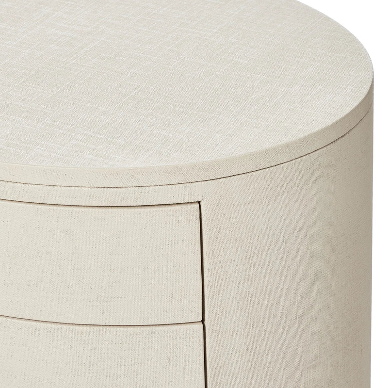 Amelia Ivory Painted Linen Oval Nightstand | shipping 7/18/2025