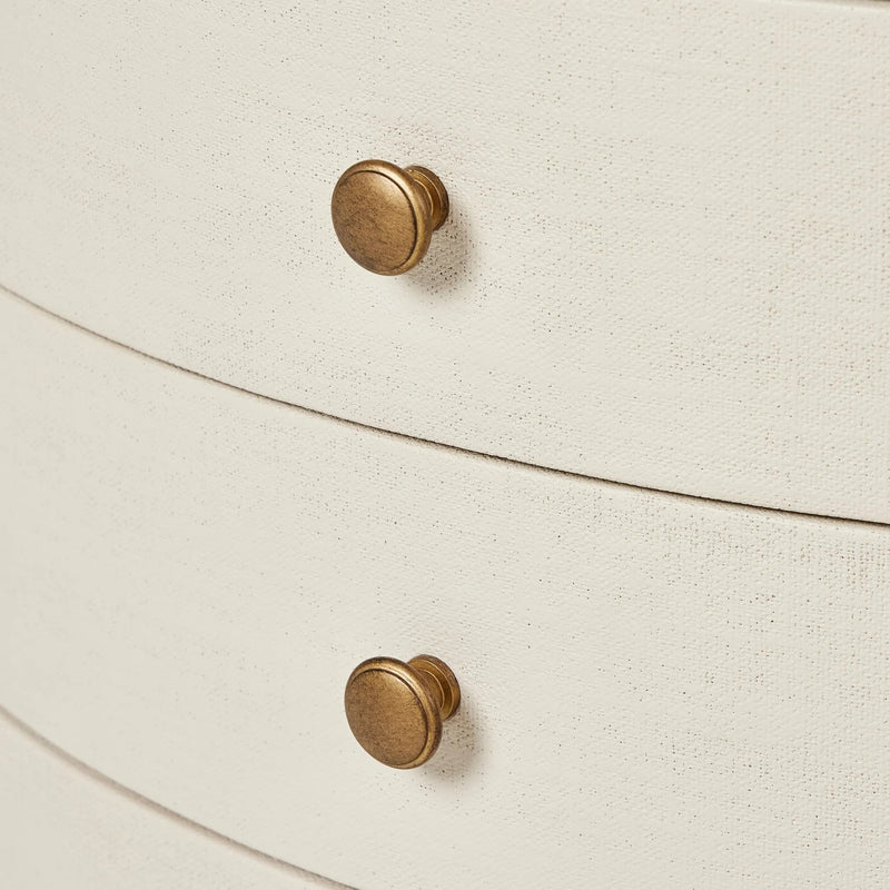 Amelia Ivory Painted Linen Oval Nightstand | shipping 7/18/2025