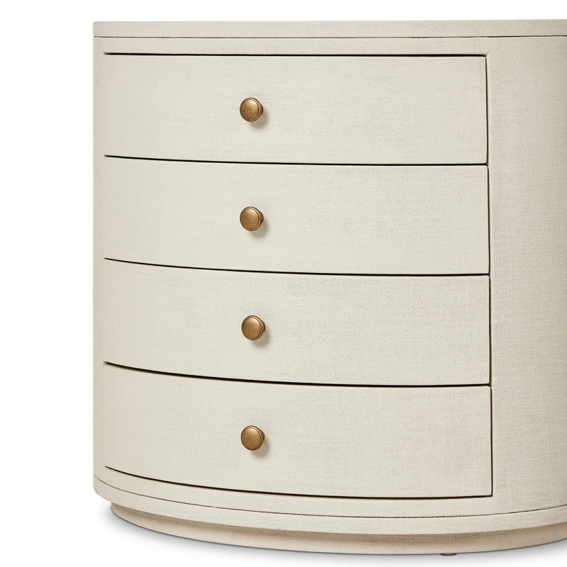 Amelia Ivory Painted Linen Oval Nightstand | shipping 7/18/2025