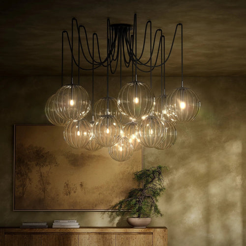 Spider Black Gunmetal Clear Ribbon Glass Cord Chandelier | ready to ship!
