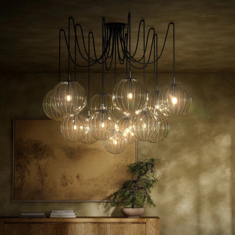 Spider Black Gunmetal Clear Ribbon Glass Cord Chandelier | ready to ship!