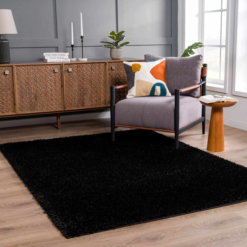 Faina Solid Black Shag Rug Washable